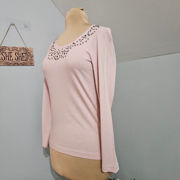 New Chico's Posh Pink Dazzling Rhinestone Scoopneck Long Sleeve Embellished Top - Picture 4 of 12